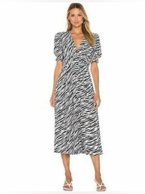 Faithfull The Brand Zebra Print Midi Dress V-Neck Short Sleeve Flowy Black White